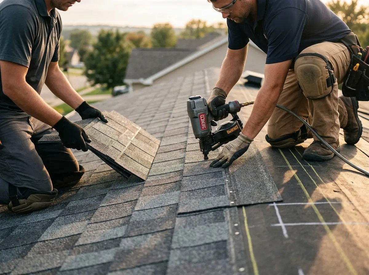 Professional roofer working on a residential roof in Homestead Meadows South